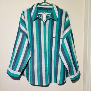 NWT Anthropologie Blue/White Striped‎ Pajama Oversized Women's Top Size Medium